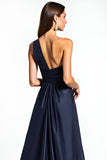 Navy One Shoulder Satin Long Formal Dress