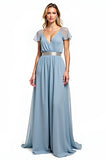 Dusty Blue A Line V-Neck Chiffon Long Wedding Guest Dress