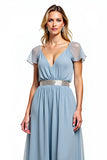 Dusty Blue A Line V-Neck Chiffon Long Wedding Guest Dress