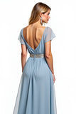 Dusty Blue A Line V-Neck Chiffon Long Wedding Guest Dress