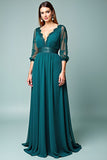 Peacock A-Line V-Neck Long Sleeve Formal Dress with Lace