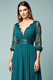 Peacock A-Line V-Neck Long Sleeve Formal Dress with Lace