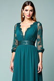 Peacock A-Line V-Neck Long Sleeve Formal Dress with Lace