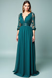 Peacock A-Line V-Neck Long Sleeve Formal Dress with Lace