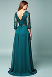 Peacock A-Line V-Neck Long Sleeve Formal Dress with Lace