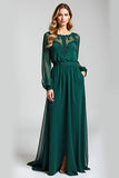 Green Chiffon A Line Embroidered Long Sleeve Formal Dress