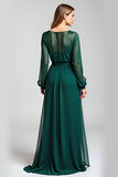 Green Chiffon A Line Embroidered Long Sleeve Formal Dress