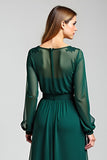 Green Chiffon A Line Embroidered Long Sleeve Formal Dress