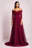 Off The Shoulder Burgundy Long Wedding Guest Dress