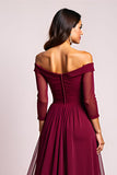 Off The Shoulder Burgundy Long Wedding Guest Dress