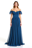 Blue Off The Shoulder Long Wedding Guest Dress