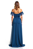 Blue Off The Shoulder Long Wedding Guest Dress