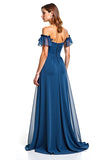 Blue Off The Shoulder Long Wedding Guest Dress