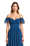 Blue Off The Shoulder Long Wedding Guest Dress