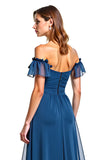 Blue Off The Shoulder Long Wedding Guest Dress