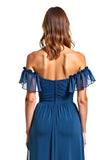 Blue Off The Shoulder Long Wedding Guest Dress