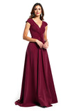 V-Neck Ruched Long Burgundy Wedding Guest Dress