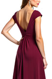 V-Neck Ruched Long Burgundy Wedding Guest Dress