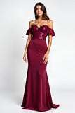 Burgundy Off The Shoulder Mermaid Long Wedding Guest Dress