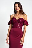 Burgundy Off The Shoulder Mermaid Long Wedding Guest Dress