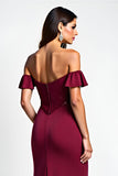 Burgundy Off The Shoulder Mermaid Long Wedding Guest Dress