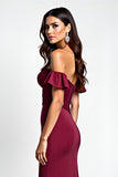 Burgundy Off The Shoulder Mermaid Long Wedding Guest Dress