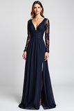 V-Neck Long Sleeve Navy Lace Formal Dress With Slit