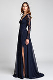 V-Neck Long Sleeve Navy Lace Formal Dress With Slit