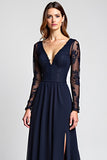 V-Neck Long Sleeve Navy Lace Formal Dress With Slit