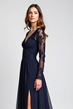 V-Neck Long Sleeve Navy Lace Formal Dress With Slit