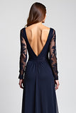 V-Neck Long Sleeve Navy Lace Formal Dress With Slit