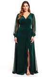 Long Sleeve V-Neck Plus Size Pine Velvet Formal Dress With Slit