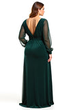 Long Sleeve V-Neck Plus Size Pine Velvet Formal Dress With Slit