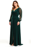 Long Sleeve V-Neck Plus Size Pine Velvet Formal Dress With Slit