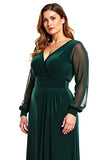 Long Sleeve V-Neck Plus Size Pine Velvet Formal Dress With Slit