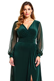 Long Sleeve V-Neck Plus Size Pine Velvet Formal Dress With Slit