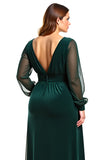 Long Sleeve V-Neck Plus Size Pine Velvet Formal Dress With Slit