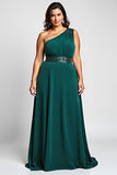 One Shoulder Dark Green Plus Size Formal Dress With Beading