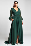 Dark Green Long Sleeve V-Neck Formal Dress With Slit