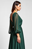 Dark Green Long Sleeve V-Neck Formal Dress With Slit