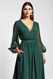 Dark Green Long Sleeve V-Neck Formal Dress With Slit