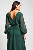 Dark Green Long Sleeve V-Neck Formal Dress With Slit