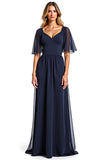 Navy A Line Ruffled Long Formal Dress