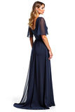 Navy A Line Ruffled Long Formal Dress