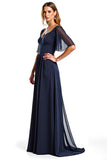 Navy A Line Ruffled Long Formal Dress