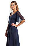 Navy A Line Ruffled Long Formal Dress