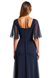 Navy A Line Ruffled Long Formal Dress