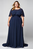 A Line Ruffled Plus Size Long Navy Formal Dress