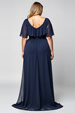 A Line Ruffled Plus Size Long Navy Formal Dress