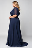 A Line Ruffled Plus Size Long Navy Formal Dress